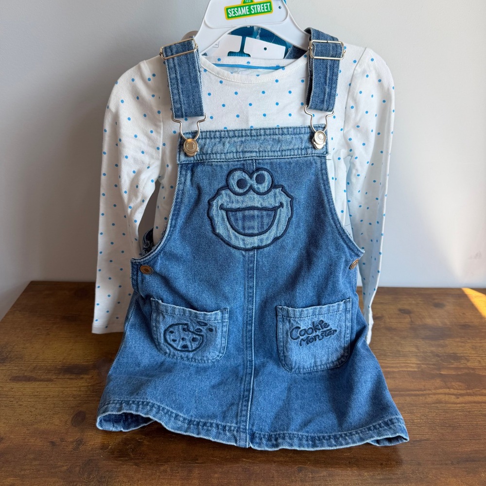 New 2T Sesame Street Cookie Monster Toddler Girl Denim Dress Backpack Outfit